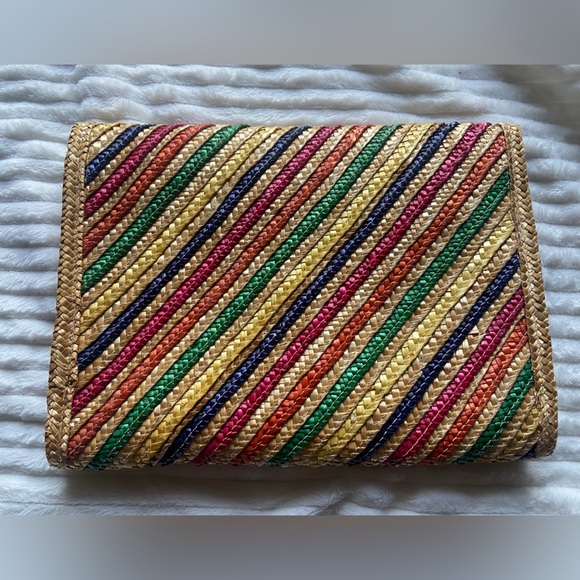 Woven Straw/Jute Multicolored Stripped Bi-Fold Clutch Bag Hong Kong Vintage boho - Picture 2 of 7